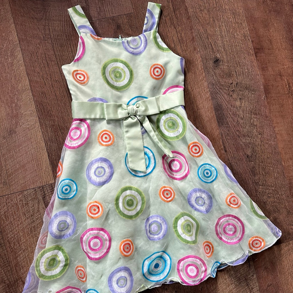 Girls Rare Editions Formal Dress Size 8 Green Multicolor Circles